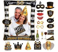 50th Birthday Photo Booth Frame, Inflatable Selfie Frame and 24 Pcs Photo Props - Black Gold Party Supplies for Ladies and Men - Fun Decorations