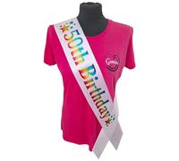 50th Birthday Sash - 50 Star Birthday Sash - Beautiful Quality White Ribbon and Holographic Rainbow Font