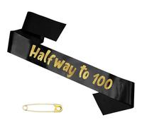 50th Birthday Sash, 50th Birthday Decorations-Halfway to 100 Black and Gold Glitter Satin Sash with a Fixing Pin | Happy 50th Birthday Party Supplies | 50th Birthday Ideas Gift