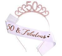 50th Birthday Sash and Crystal Tiara Crown for Decorations Women 50th Birthday Gift Party Accessories (Rose Gold)