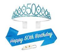 50th Birthday Sash and Tiara for Women,Blue 50th Birthday Crown Costume Set for 50th Birthday Gifts,Rhinestone Birthday Crown and Shoulder Strap for Her 50th Birthday Decoration Party Accessories