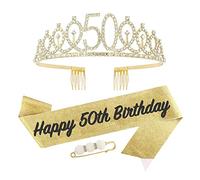 50th Birthday Sash and Tiara for Women,Gold 50th Birthday Crown Costume Set for 50th Birthday Gifts,Rhinestone Birthday Crown and Shoulder Strap for Her 50th Birthday Decorations Party Accessories