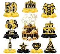 50th Birthday Table Decorations Men - 10 Pcs Black and Gold Party Supplies Cheers to 50 Years Vintage 1975 Honeycomb Centerpieces Happy 50th Birthday Cake Topper for Women