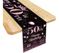 50th Birthday Table Runner Black Pink Happy 50th Birthday Table Runner for Women Her 50 Years Old Birthday Celebration Party Decorations Non-Slip Dining Table Linen Cover Cloth Decor, 180x35cm Long