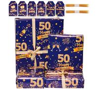 50th Birthday Wrapping Paper Set with Tags Ribbons, 6 Sheets 70x50cm Happy Birthday Wrapping Paper,Blue Gold Gift Wrap Paper for Men Him,Gift Decorations Recyclable (50th)