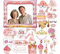 50th Brithday Decoration 30PCS Birthday Photo Booth Props, Inflatable Photo Booth Frame Rose Gold Inflatable Selfie Frame Glitter Birthday Party Photo Props (pink 50th)
