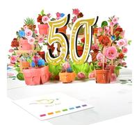 50th Flower Birthday Pop Up Card for Women - Elegant 3D Garden Scene with Roses, Butterfly, Sparkling Gold “50” - Floral Milestone Greeting Card for Her - Includes Envelope and Blank Note