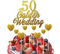 50th Golden Wedding Anniversary Cake Toppers Set - Glitter Heart Cake Decorations for 50th Anniversary Party Supplies