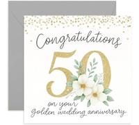 50th Golden Wedding Anniversary Card for Friends and Family, for Brother and Sister in Law, Aunt and Uncle, Grandparents, White Floral Design, Blank inside with envelope