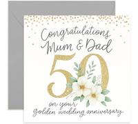 50th Golden Wedding Anniversary Card for Parents, for Mum & Dad, White Floral Design, Blank inside with envelope