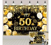 50th Happy Birthday Backdrop Glitter Black and Gold Birthday Photography Background for Women Men Fifty Years Old Party Decoration Supplies Backdrop 6x4ft