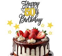 50th Happy Birthday Cake Topper with Stars,7Pcs Black Gold Glitter Cake Decorations,50 Years Birthday Celebrating Cakes Decoration for Boys and Girls Themed Party Supplies (50th)
