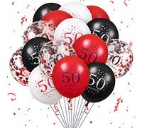 50th Latex Birthday Balloons, 16Pcs Red Black Happy 50th Birthday Balloons Confetti Balloons, Red Black 50th Birthday Party Decorations Balloons for Women Men 50th Birthday, Anniversary Decor