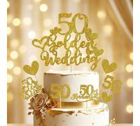 50th Wedding Anniversary Cake Topper Set - Golden 50 Years Cake Decorations with 1 Large & 12 Small Pre-Assembled Toppers - Food Safe Glitter Paper for Anniversary Party Decor