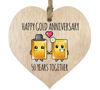 50th Wedding Anniversary Plaque Gift for Husband Wife - 50 Years Together - Happy Gold Anniversary Wooden Heart for Women Men Partner, Light Wood Sign Keepsake Gifts