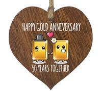 50th Wedding Anniversary Plaque Gift for Husband Wife - 50 Years Together - Happy Gold Anniversary Wooden Heart for Women Men Partner, Dark Wood Sign Keepsake Gifts