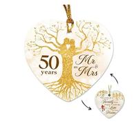 50th Wedding Gifts, Golden Heart-Shaped Double-Sided Ceramic Ornament with Pattern, Elegant Wedding Anniversary Keepsake for Couples, Parents Grandparents