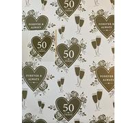 50th White/Gold Hearts/Flutes/Roses Forever & Always 50 Years Golden Wedding Anniversary 50 Wrapping Paper + Gift Tag 2 Sheets + 1 Gift Tag (BGC36483-4)