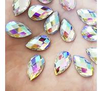 50x 13mm Flat Back Rhinestone Small Medium Teardrop Large AB Bead Acrylic Diamante Gem Crystal Clear Jewel Pear Tear Drop Rhinestones Cabochon Glue on Iridescent Silver Backed Embellishment Nail Art