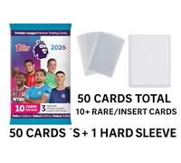 50x Premier League Football Trading Cards Bundle - 10+ Rare/Insert Cards + 50 Sleeves + 1 Hard Sleeve - Topps 2026 - Collector Gift Pack