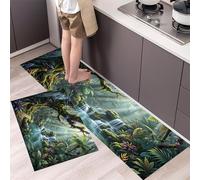 50x80cm+50x120cm Kitchen Rug Mat Set of 2, Rainforest Waterfalls And Vines Kitchen Mats Non Slip Washable Non Slip Runners, Mysterious Fantasy Indoor Floor Carpets - Dark Green