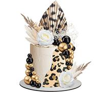51 Pcs Boho Cheetah Cake Toppers Palm Leaves Flowers Cake Decorations Mini Balls Cupcake Dried Reed Grass Decor for Boho Home Wedding Baby Shower Baby Boy Girl Birthday Themed Party Supplies