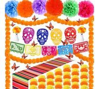 51 Pcs Day of The Dead Decorations Set, 2 Artificial Marigold Garland, 20 Marigold Flower Head, Mexican Papel Picado Banner, Table Cover, Butterfly, Pom Poms for Dia De Los Muertos Indian Diwali Decor