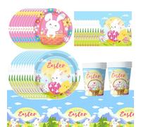 51 pcs Easter Party Tableware Set，Easter Egg and Rabbit Table Decorations，Kids Birthday Party Tableware Set，Easter Party Supplies Plates Paper Napkins Tablecloth