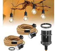 510 cm Vintage Brass Hemp Rope Lights, 2 Pcs Pearl Black Pendant Light Fitting, Industrial Plug in Hanging Lamp with E27 Lamp Holder, Retro Plug in Ceiling Light Fixture for Living Room, No Bulb