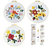 51buyoutgo 3 Pack Beginner Embroidery Kit for Adults - Complete Starter Set with Easy Pre-Printed Fabric, Flower Botanical Theme Fit for Stress Relief, DIY Home Decor & Mom Gifts