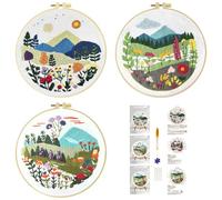 51buyoutgo 3 Pack Beginner Embroidery Kit for Adults - Complete Starter Set with Easy Pre-Printed Fabric, Flower Botanical Theme Fit for Stress Relief, DIY Home Decor & Mom Gifts