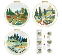 51buyoutgo 3 Pack Beginner Embroidery Kit for Adults - Complete Starter Set with Easy Pre-Printed Fabric, Flower Landscape Theme Fit for Stress Relief, DIY Home Decor & Mom Gifts
