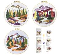 51buyoutgo 3 Pack Beginner Embroidery Kit for Adults - Complete Starter Set with Easy Pre-Printed Fabric, Forest Landscape Theme Fit for Stress Relief, DIY Home Decor & Mom Gifts