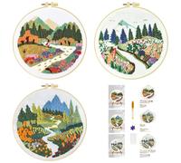 51buyoutgo 3 Pack Beginner Embroidery Kit for Adults - Complete Starter Set with Easy Pre-Printed Fabric, Flower Landscape Theme Fit for Stress Relief, DIY Home Decor & Mom Gifts
