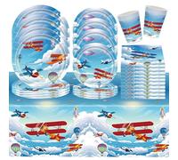51PCS Aeroplane Theme Party Tableware Airplane Supplies Dinner Plates Desserts Plates Cups Napkins Kids Boys Girls Birthday Party Decoration