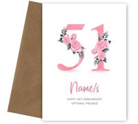51st Anniversary Card for Wife Husband - Floral Number 51 with Custom Names - Celebrate Anniversaries with 51st Anniversary Card for Couple - 51 Years as Husband and Wife