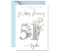 51st Anniversary Card for Women Men - Fancy Floral Flowers - Happy 51 Year Anniversary Card for Husband Companion Wife Partner, A5 Wedding Anniversaries Greeting Cards
