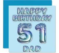 51st Birthday Card for Dad, Blue Glitter Party Balloons
