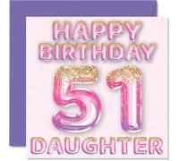 51st Birthday Card for Daughter - Pink & Purple Glitter Balloons - Happy Birthday Cards for 51 Year Old Daughter from Mum Dad Parents, 145mm Bday Greeting Cards Gift