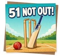 51st Birthday Card for Her, “51 NOT OUT!” Cricket | Celebrate her 51st with bold “51 NOT OUT!” and cricket bat, stumps and ball artwork on the pitch.