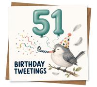 51st Birthday Card for Her, Birthday Tweetings Bird | Celebrate her 51st with teal balloon “51”, confetti streamers and a smiling bird in a patterned party hat.