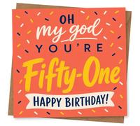 51st Birthday Card for Her, Bright Confetti 'Oh My God' | For her 51st: bright confetti styling with “Oh my god you’re Fifty-One” and a fun “Happy Birthday!” greeting.