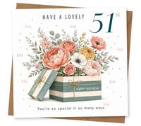 51st Birthday Card for Her, Floral Gift Box & Verse | Watercolour blooms bursting from a striped gift box; “Have a lovely 51st” and “You’re so special in so many ways”.