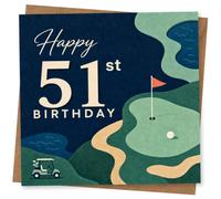 51st Birthday Card for Her, Golf Green, Flag and Cart | Celebrate her 51st with a calm golf landscape: cream “Happy 51st Birthday” lettering, flag pin, ball on the green and cart.