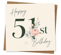 51st Birthday Card for Her, Green 51 & Pink Florals | Mark her 51st with bold dark green number typography, blush florals and cursive “Happy Birthday” script.