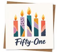 51st Birthday Card for Her, Patchwork Candles, Fifty-One | Five bright patchwork candles and bold “Fifty-One” text-an upbeat 51st birthday card for her.