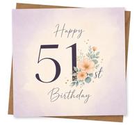 51st Birthday Card for Her, Peach Blooms on Navy 51 | Large navy “51st” with peach flower spray, green leaves and gold dot confetti; elegant 51st Birthday lettering for her.