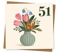 51st Birthday Card for Her, Pink Tulips and Blue Bell Flowers