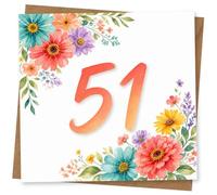 51st Birthday Card for Her, Watercolour Florals & 51 | Bold centre number with bright watercolour florals around it; a cheerful milestone look for her 51st birthday.