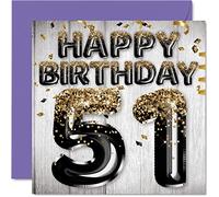 51st Birthday Card for Men - Black & Gold Glitter Balloons - Happy Birthday Cards for 51 Year Old Man Dad Grandad Grandpa Gran Uncle, 145mm Bday Greeting Cards Gift